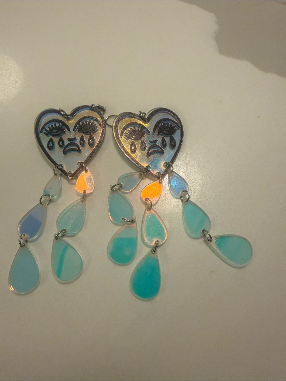 Locally Made: Iridescent Teardrop Heart Dangle Earrings - 3” drop